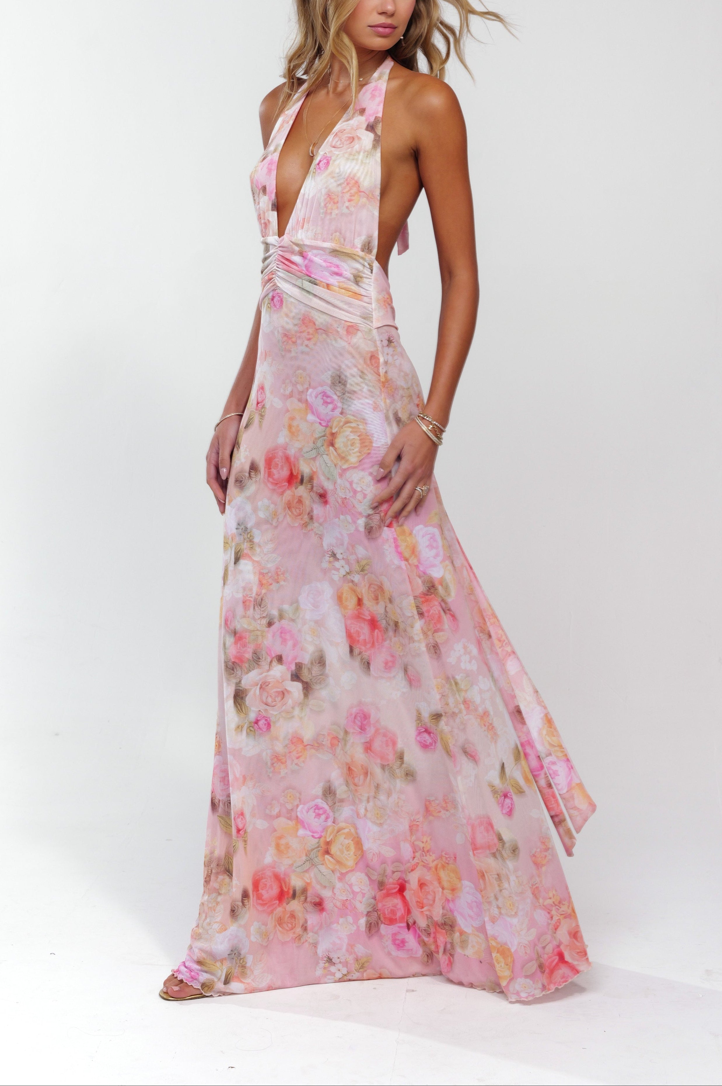 Pink floral maxi dress full-length front view