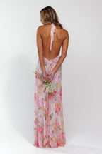 Pink floral maxi dress close-up detail