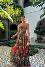 Pleated wrap strapless maxi dress multicolor, elegant floor-grazing silhouette