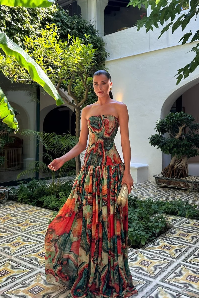 Pleated wrap strapless maxi dress multicolor, elegant floor-grazing silhouette
