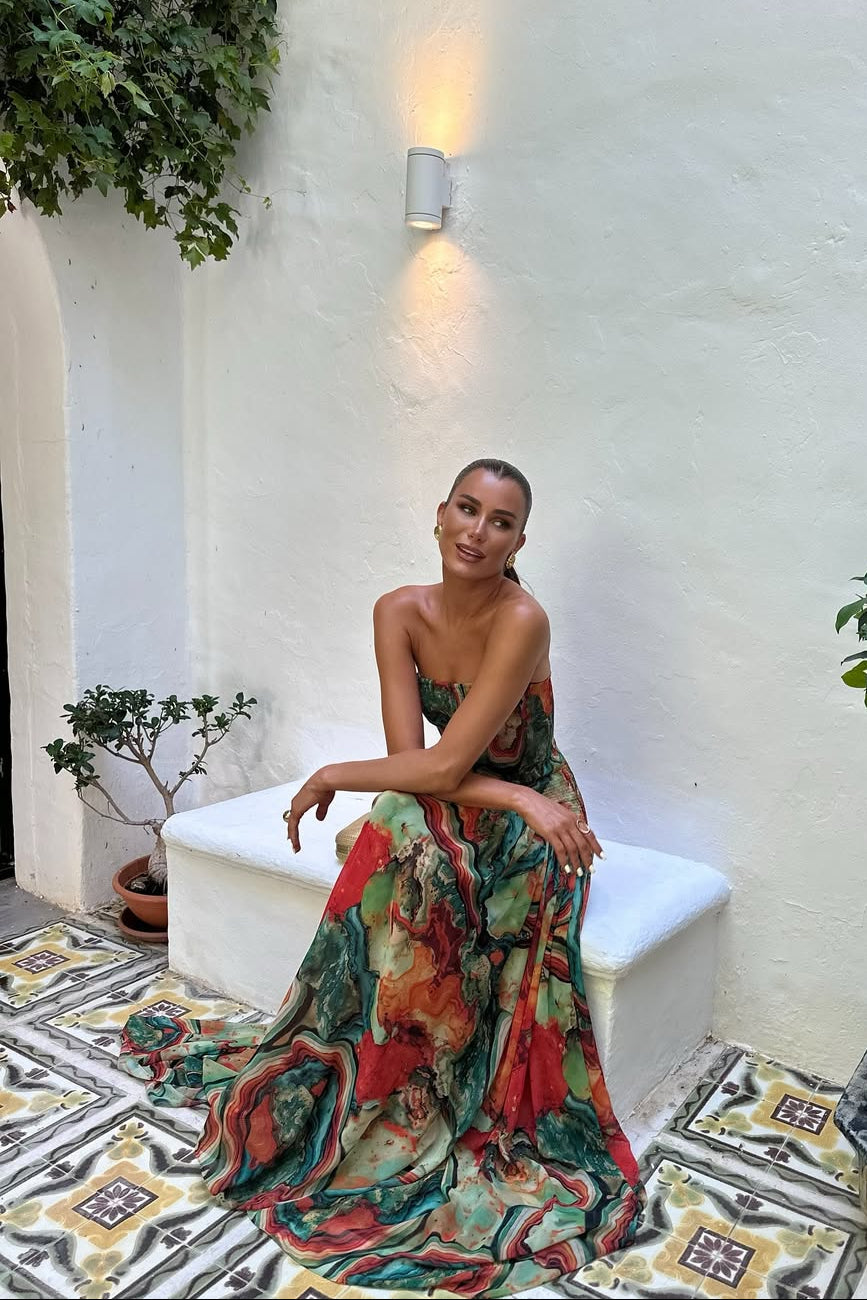 Strapless wrap pleated maxi dress multicolor, luxe fabric, formal event style