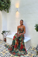 Wrap-style pleated strapless maxi dress multicolor, flowing silhouette, wedding gala style