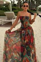 Strapless pleated wrap maxi dress multicolor, structured bodice, flowing skirt