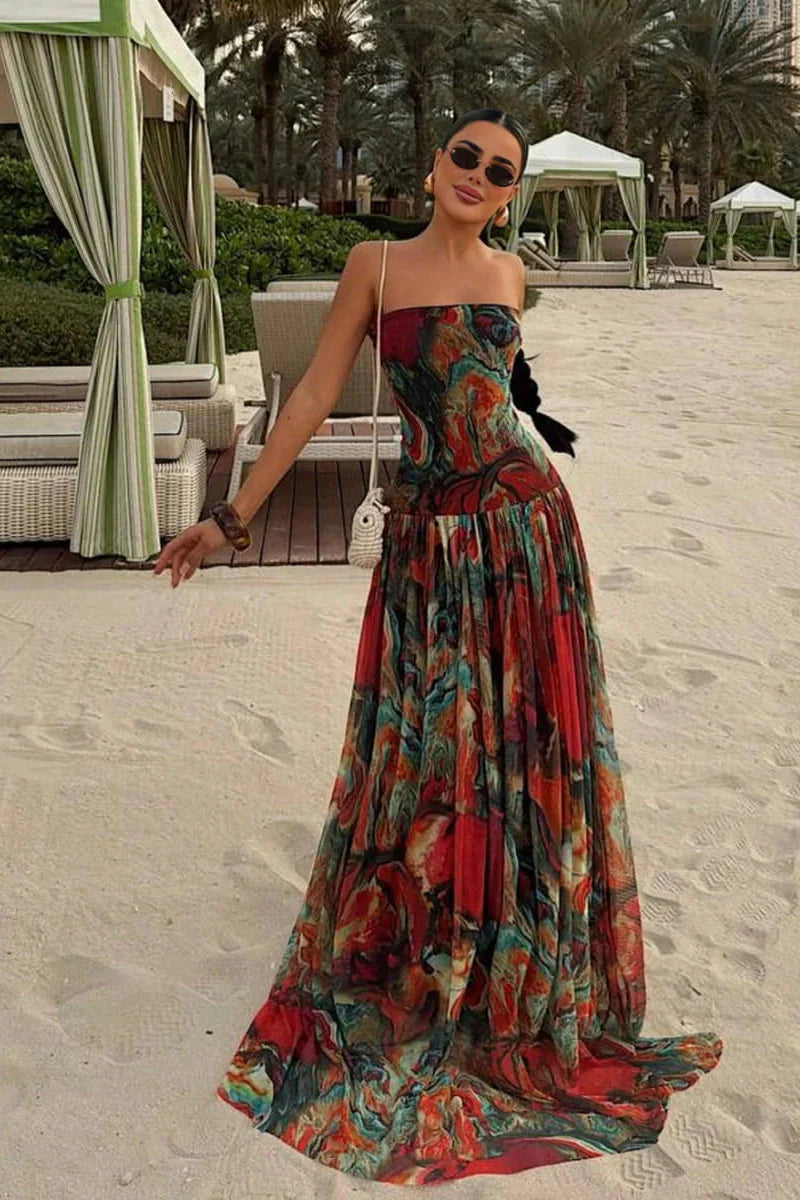 Multicolor strapless maxi dress with wrap pleated bodice, elegant evening wear