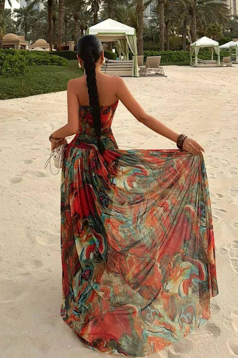 Pleated wrap strapless maxi dress, floor-length silhouette, formal summer occasion