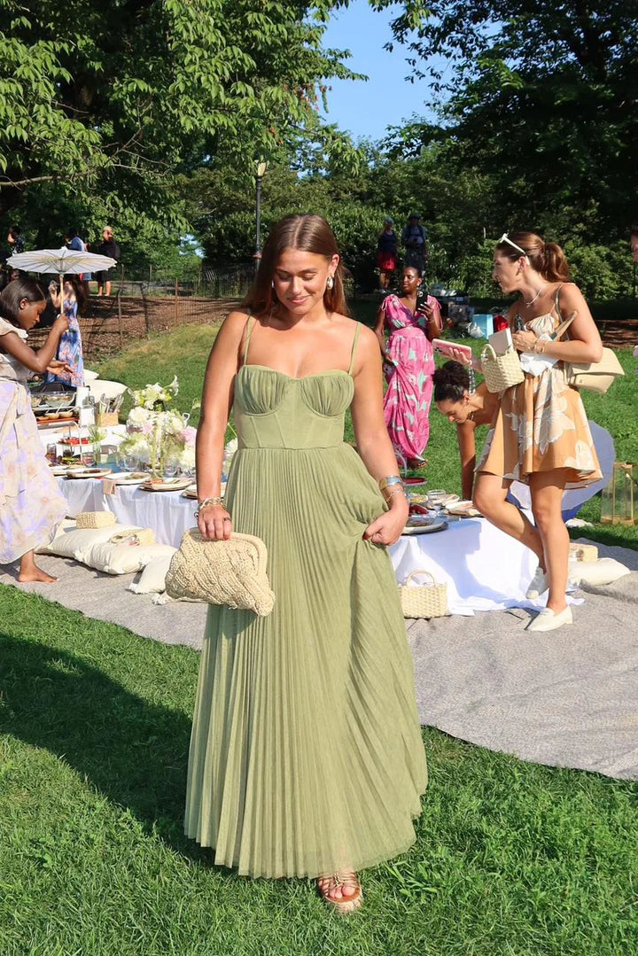 Green tulle pleated sweetheart maxi dress, front view