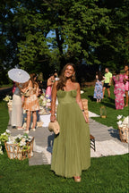Green tulle pleated maxi dress, three-quarter view