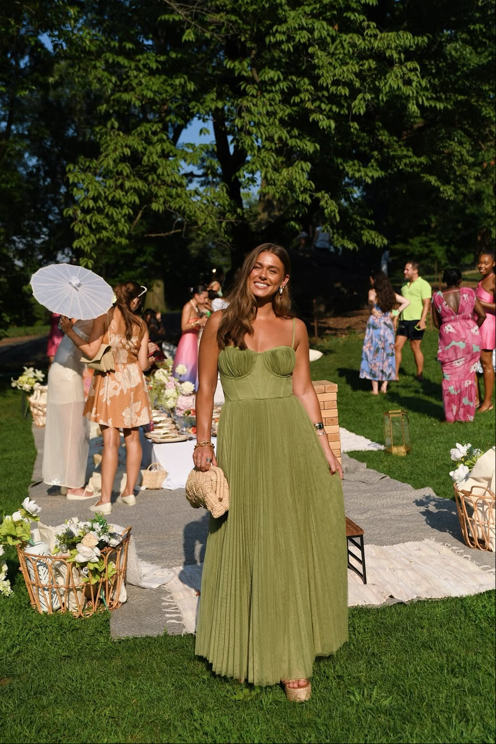 Green tulle pleated maxi dress, three-quarter view
