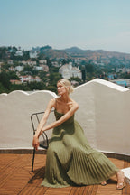 Green tulle pleated maxi dress, side view