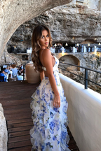 Blue chiffon ruffled maxi dress, side view