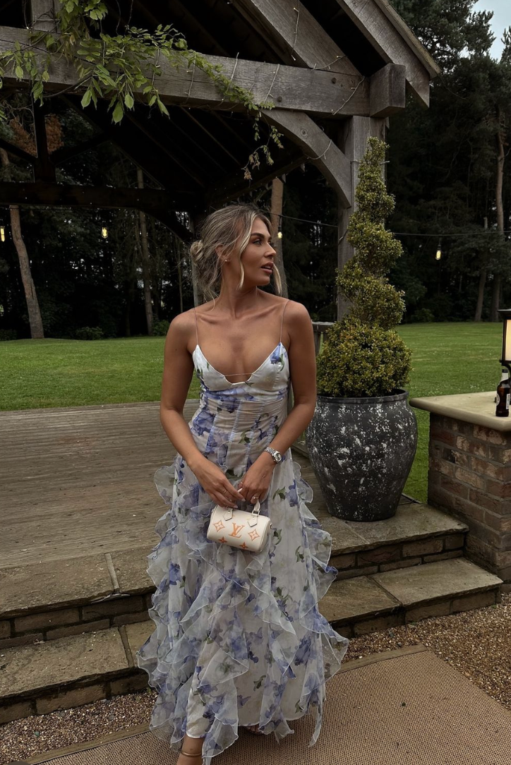 Blue chiffon ruffled maxi dress ruffle detail