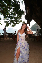 Blue chiffon ruffled maxi dress lifestyle shot