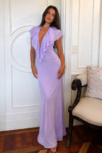 Chiffon ruffle V-neck maxi dress in purple, side view