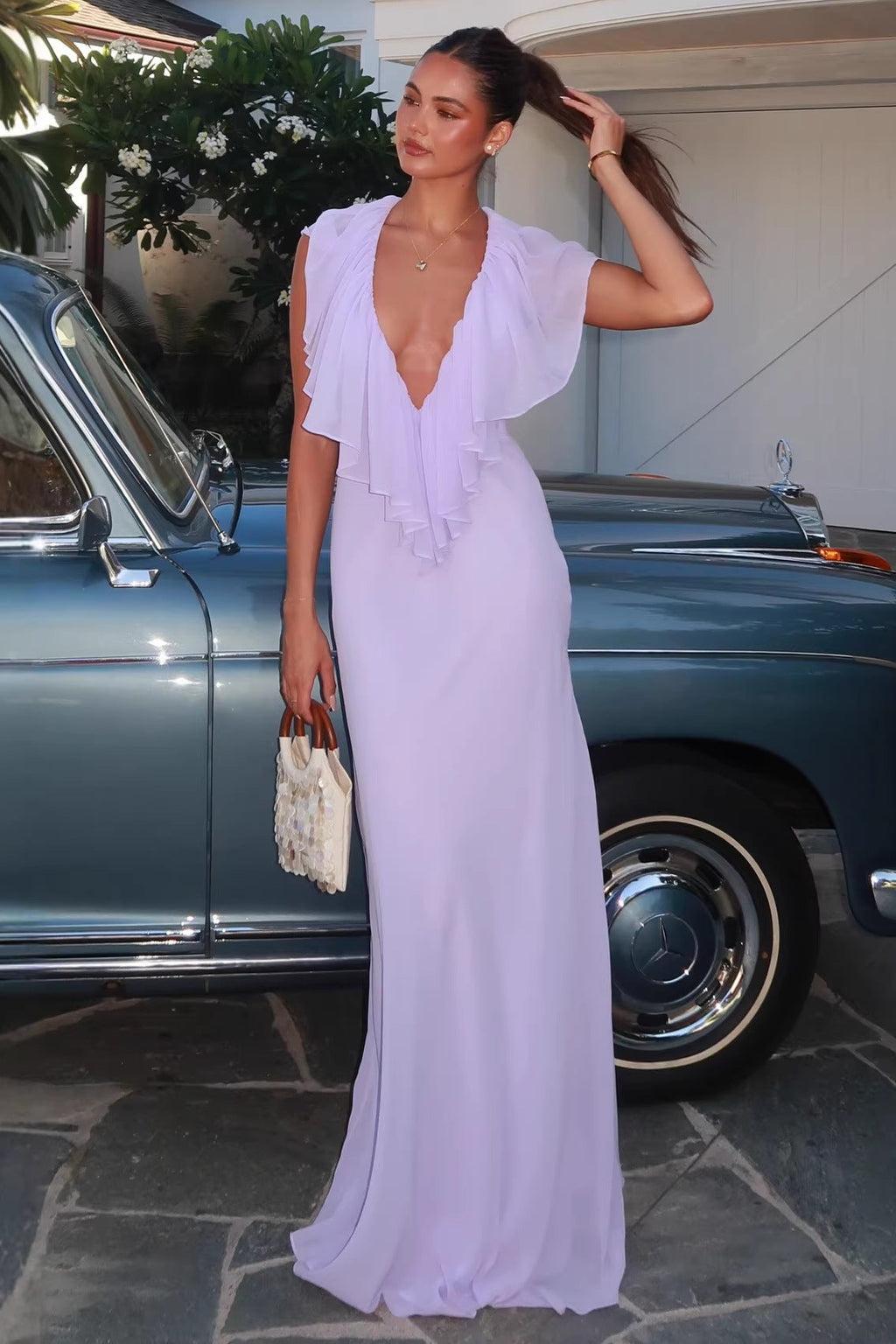Chiffon ruffle V-neck maxi dress back view
