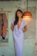 Chiffon ruffle V-neck maxi dress full-length
