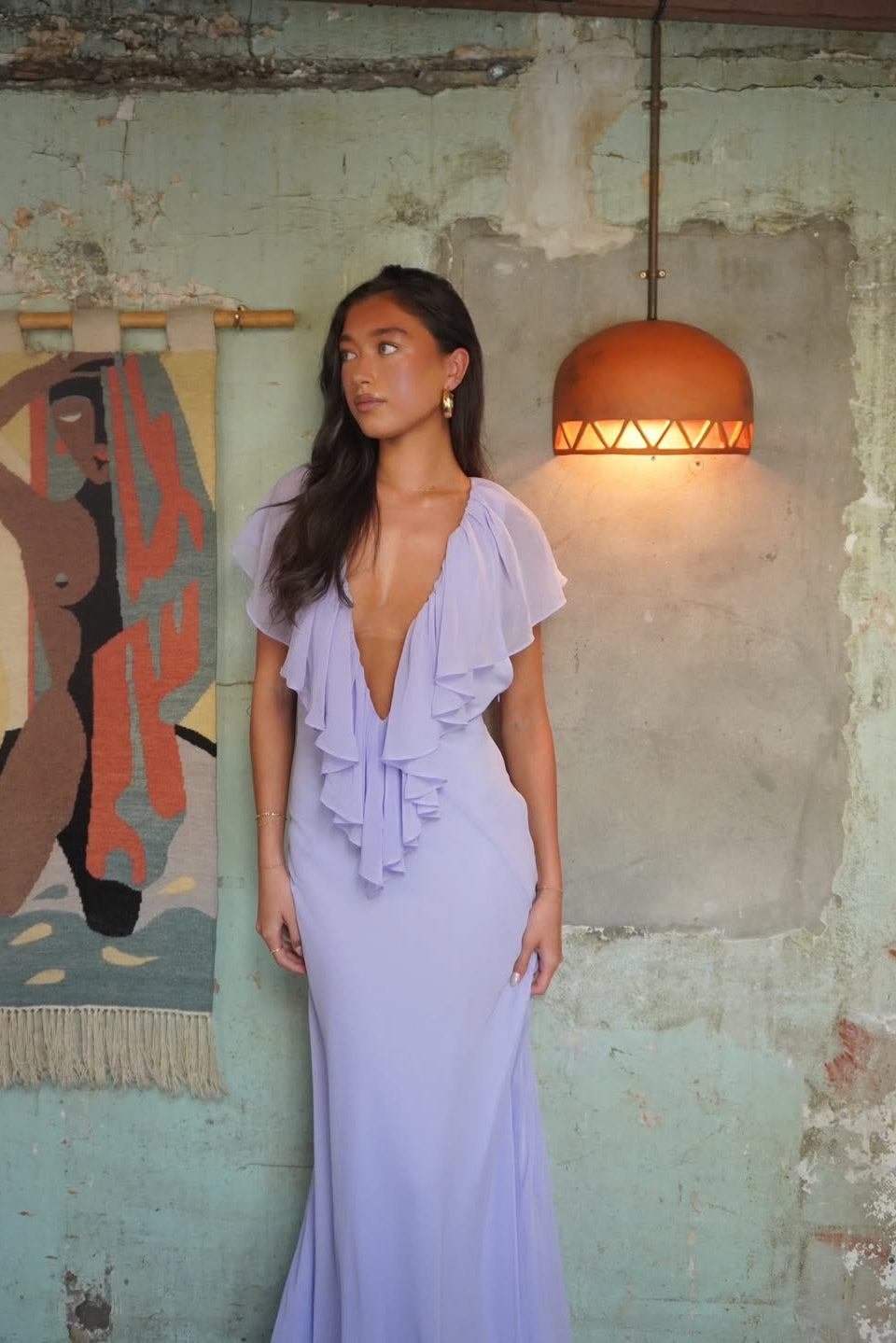 Chiffon ruffle V-neck maxi dress movement