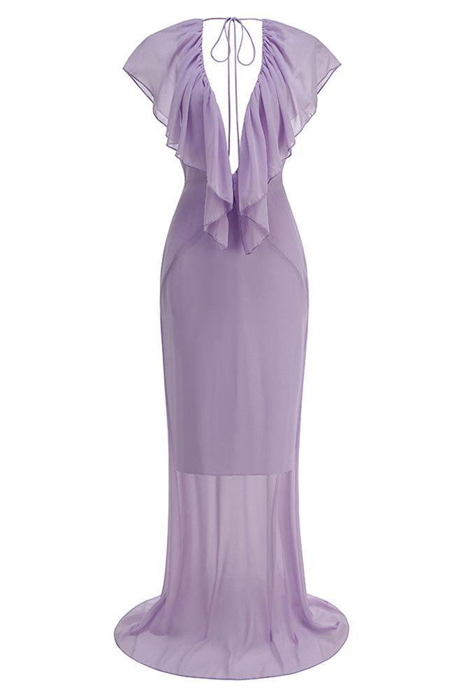 Chiffon ruffle V-neck maxi dress styled with heels