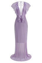 Chiffon ruffle V-neck maxi dress styled with heels