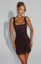 Brown crystal mesh mini dress, front view