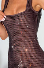 Brown crystal mesh mini dress, side view