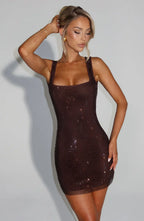 Brown crystal mesh mini dress, back view