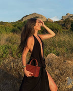 Black backless halter pleated maxi dress, deep V-neck, elegant evening style