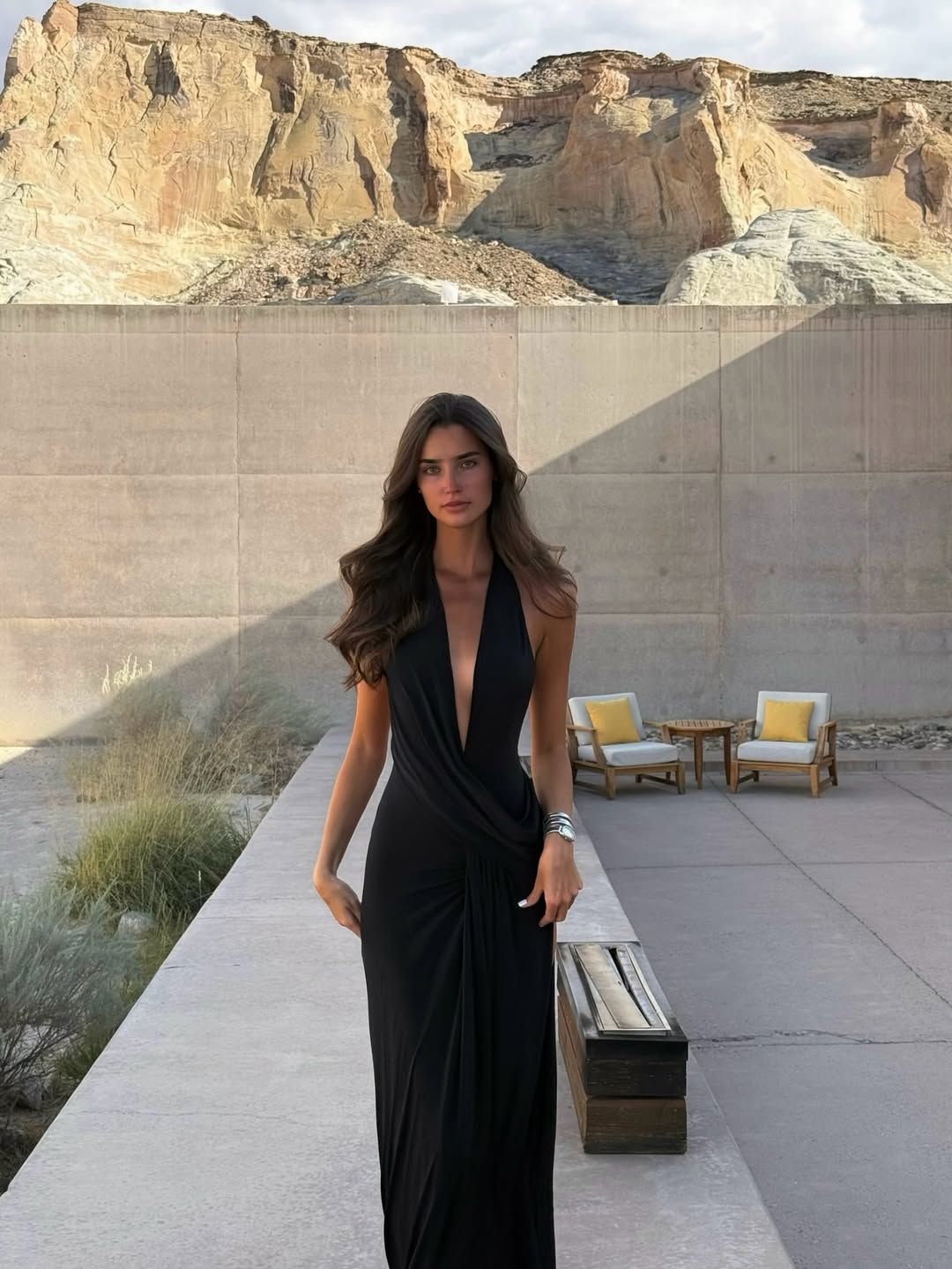 Pleated V-neck halter maxi dress in black, open-back design, evening wedding style