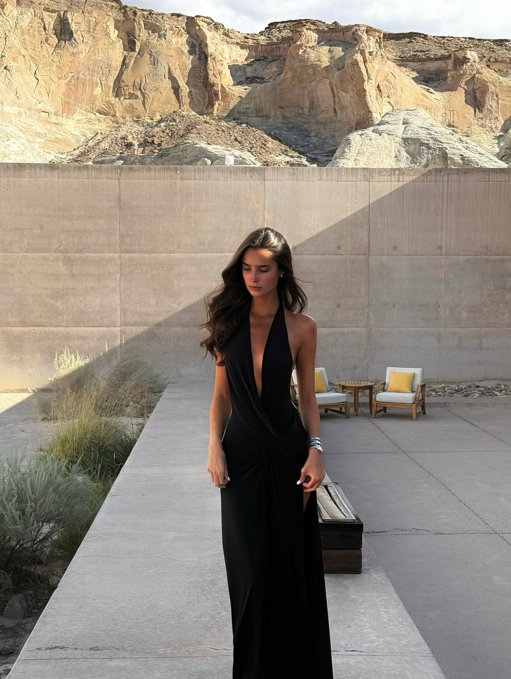 Black halter backless pleated maxi dress, asymmetric drape, formal occasion