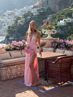 Pink halter backless pleated maxi dress, asymmetric drape, elegant occasion
