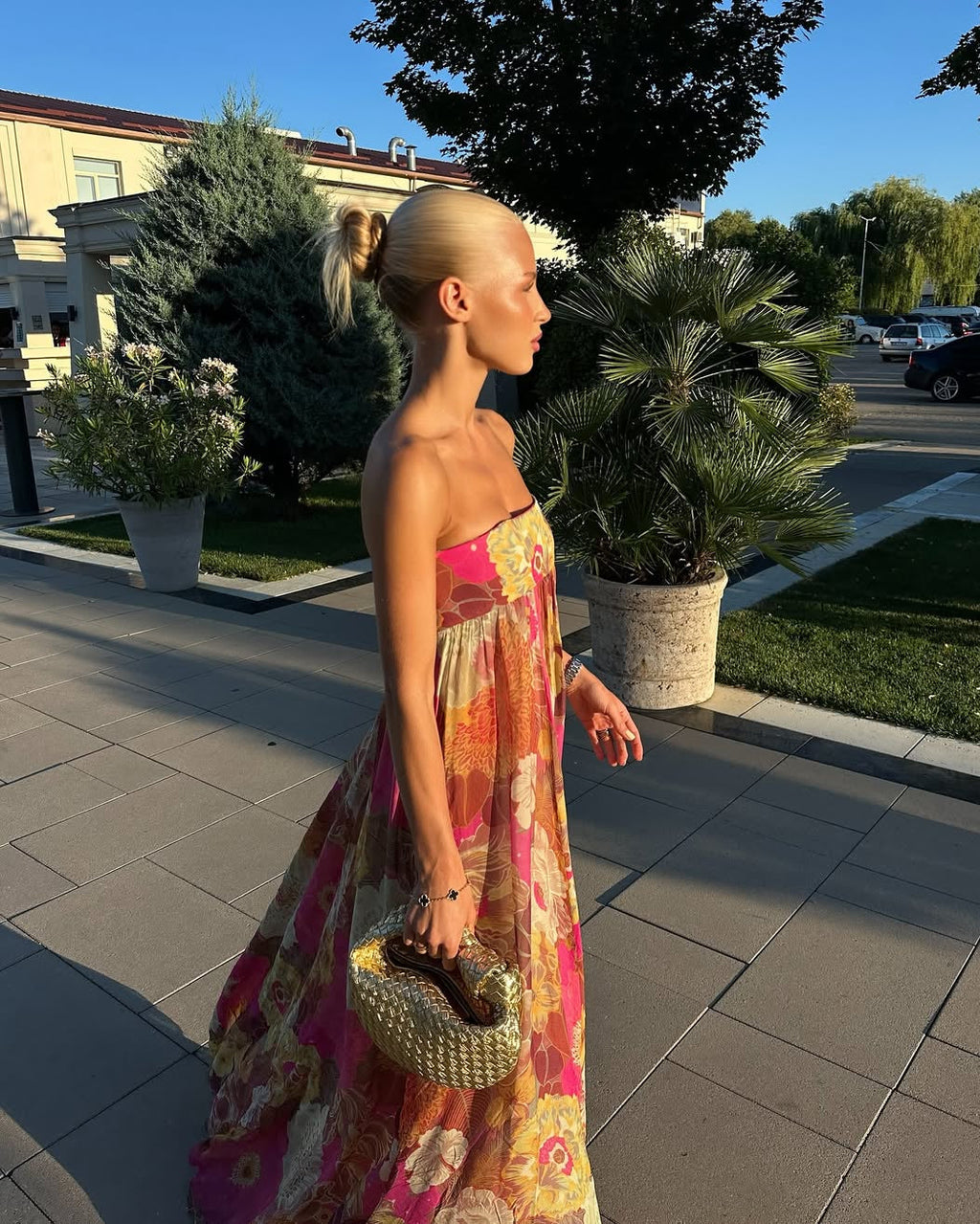 Pleated strapless floral maxi dress multicolor, lightweight fabric, elegant drape
