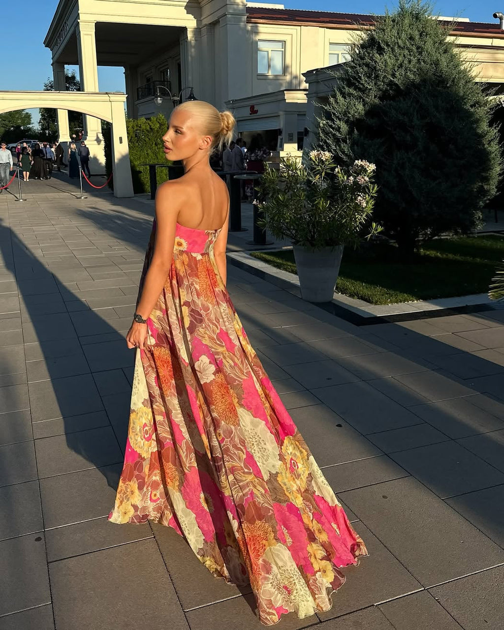 Strapless floral maxi dress with pleated bodice, multicolor print, summer occasion