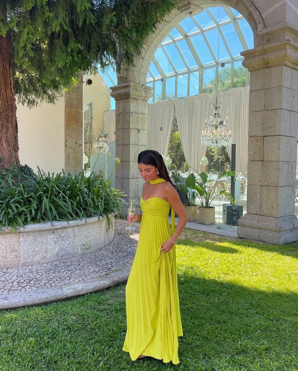 Strapless ruched bodice maxi dress lime yellow, flowing pleated skirt, wedding guest style