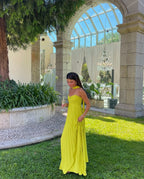 Strapless ruched bodice maxi dress lime yellow, flowing pleated skirt, wedding guest style