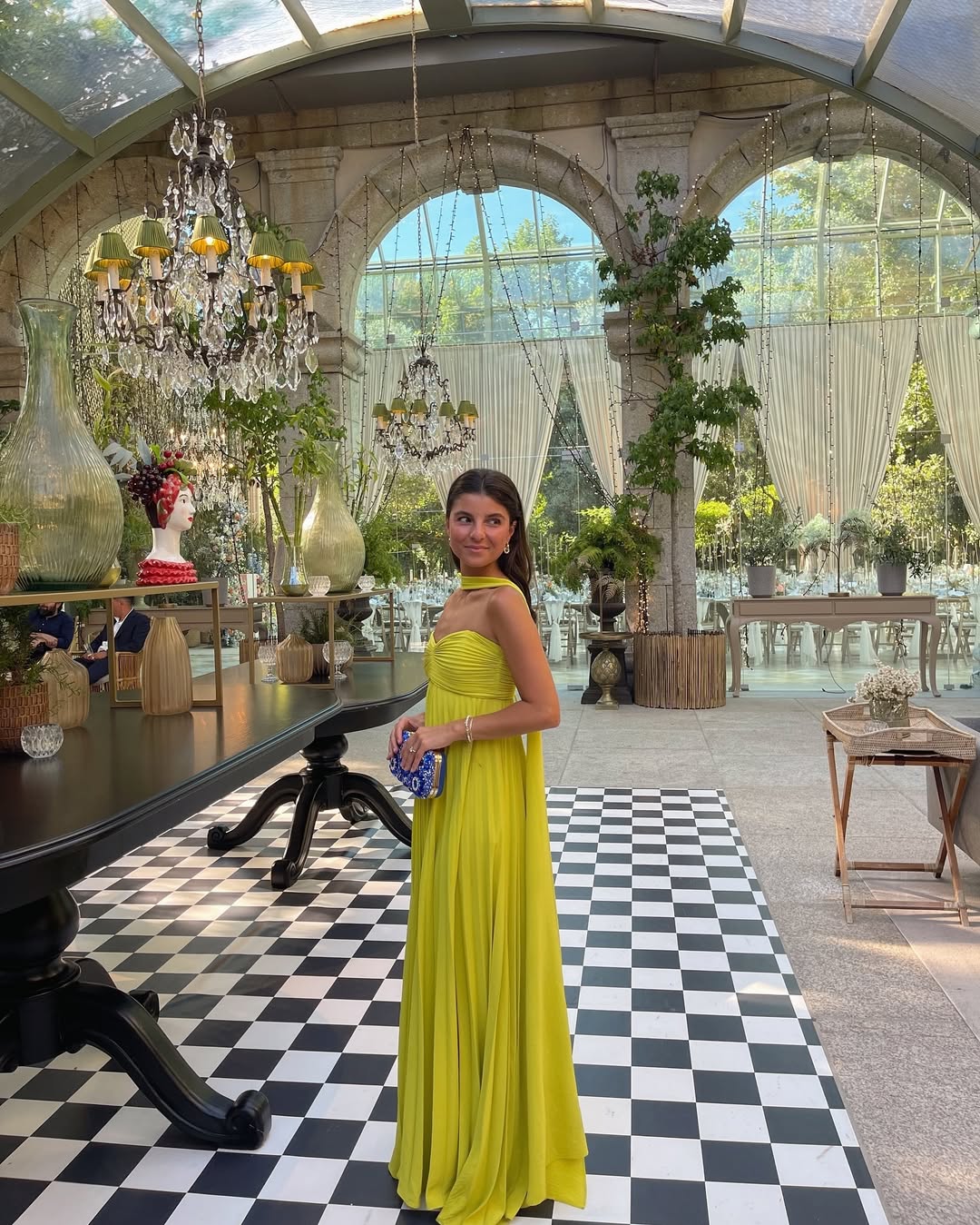 Lime yellow strapless maxi dress ruched bodice, pleated skirt, elegant silhouette