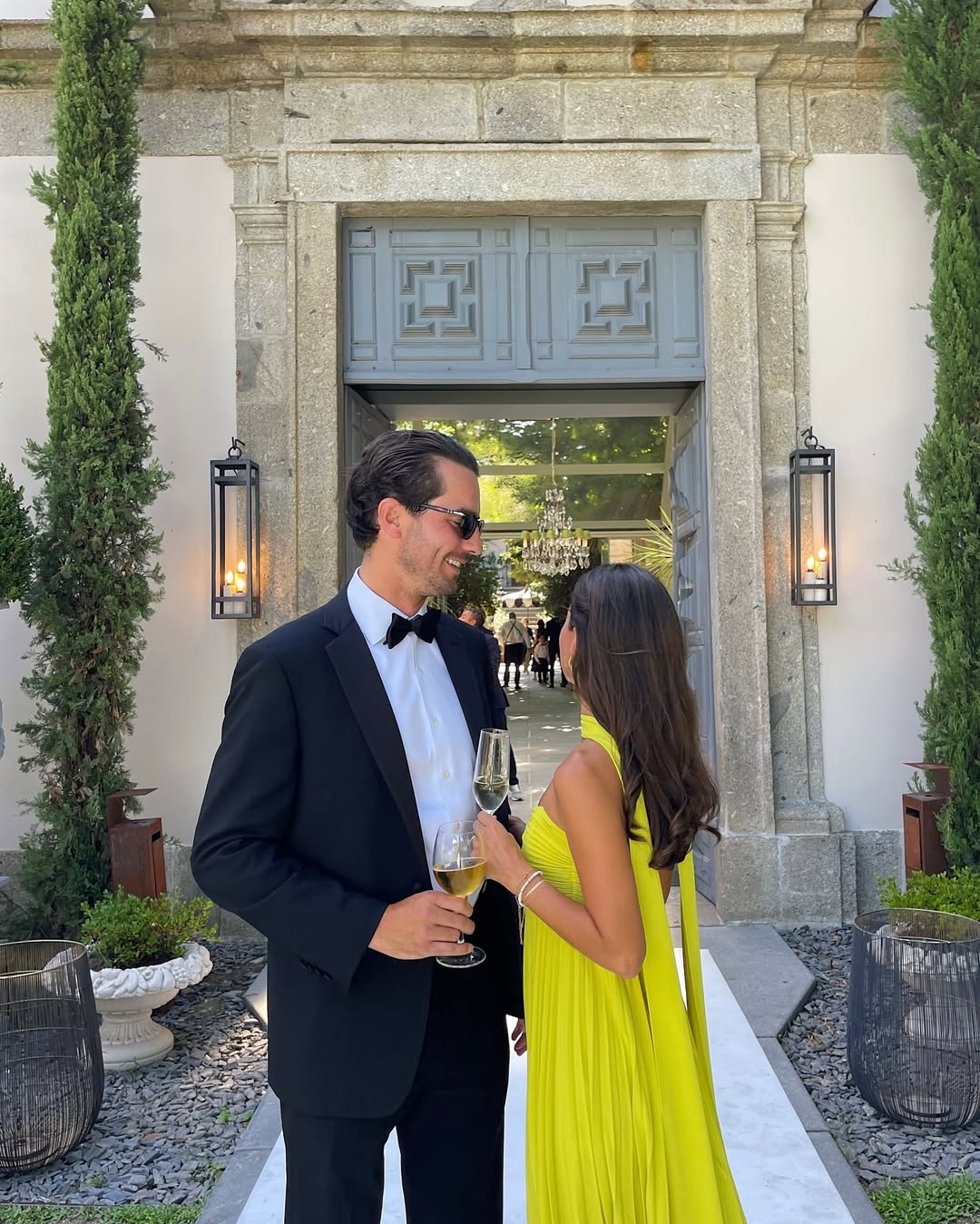 Lime yellow pleated strapless maxi dress, elegant wedding summer occasion wear