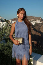 Fringe tiered mini party dress side view
