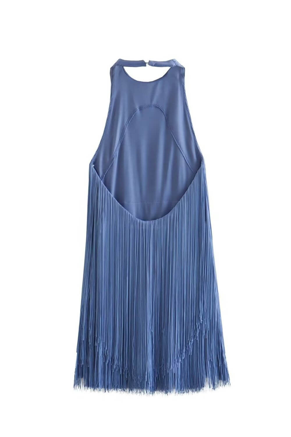 Halter neck fringe mini dress styled with heels