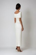 White off-shoulder ruched maxi dress, full-length view