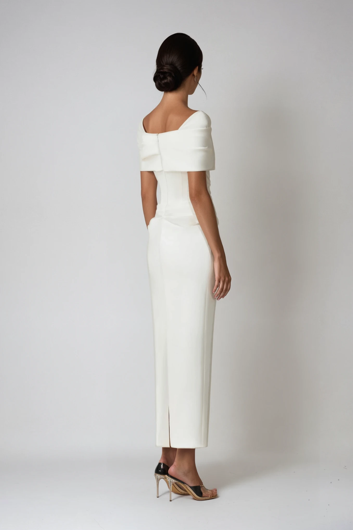 White off-shoulder ruched maxi dress, full-length view