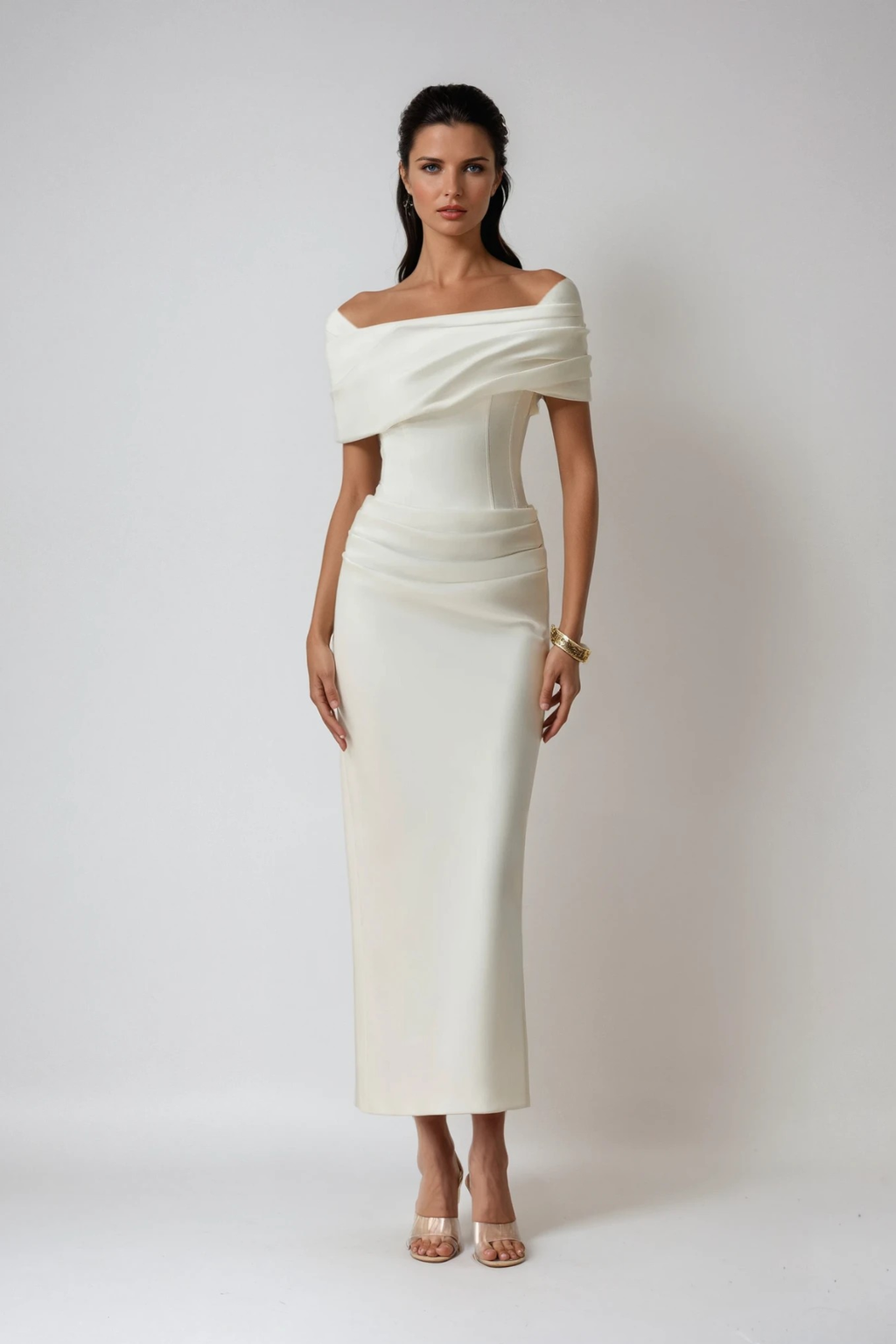 White off-shoulder ruched maxi dress, side view