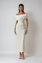 White off-shoulder ruched maxi dress, side view