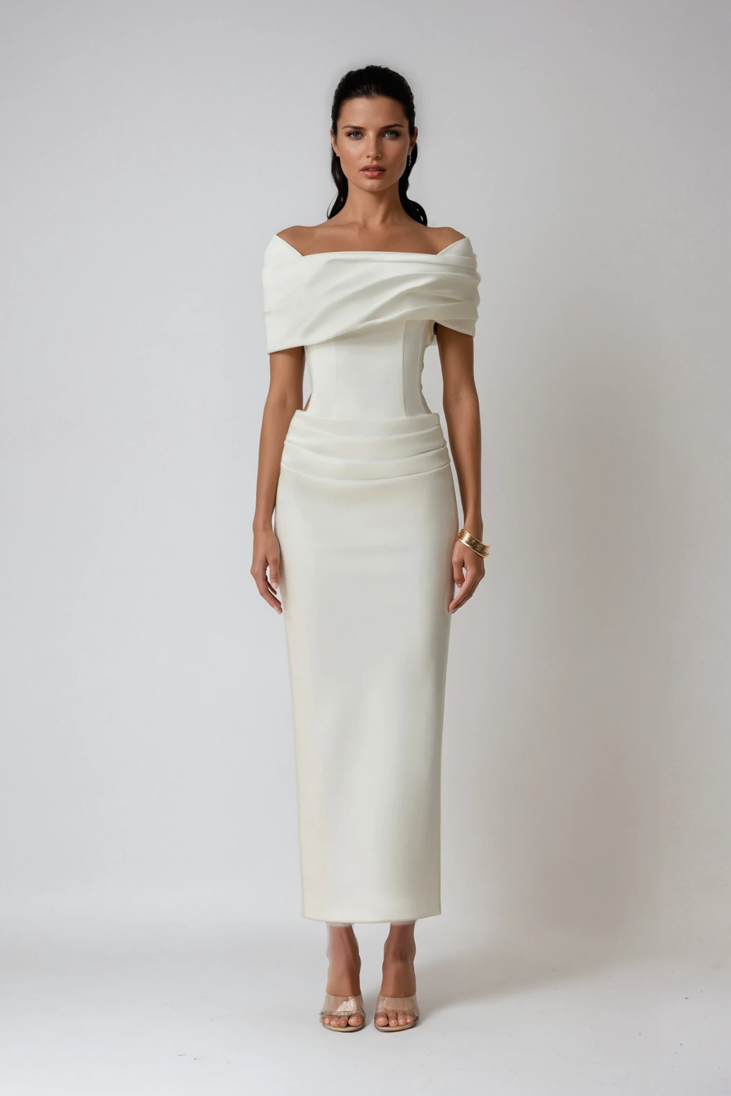 White off-shoulder ruched maxi dress, front view