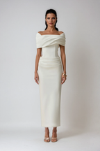 White off-shoulder ruched maxi dress, front view