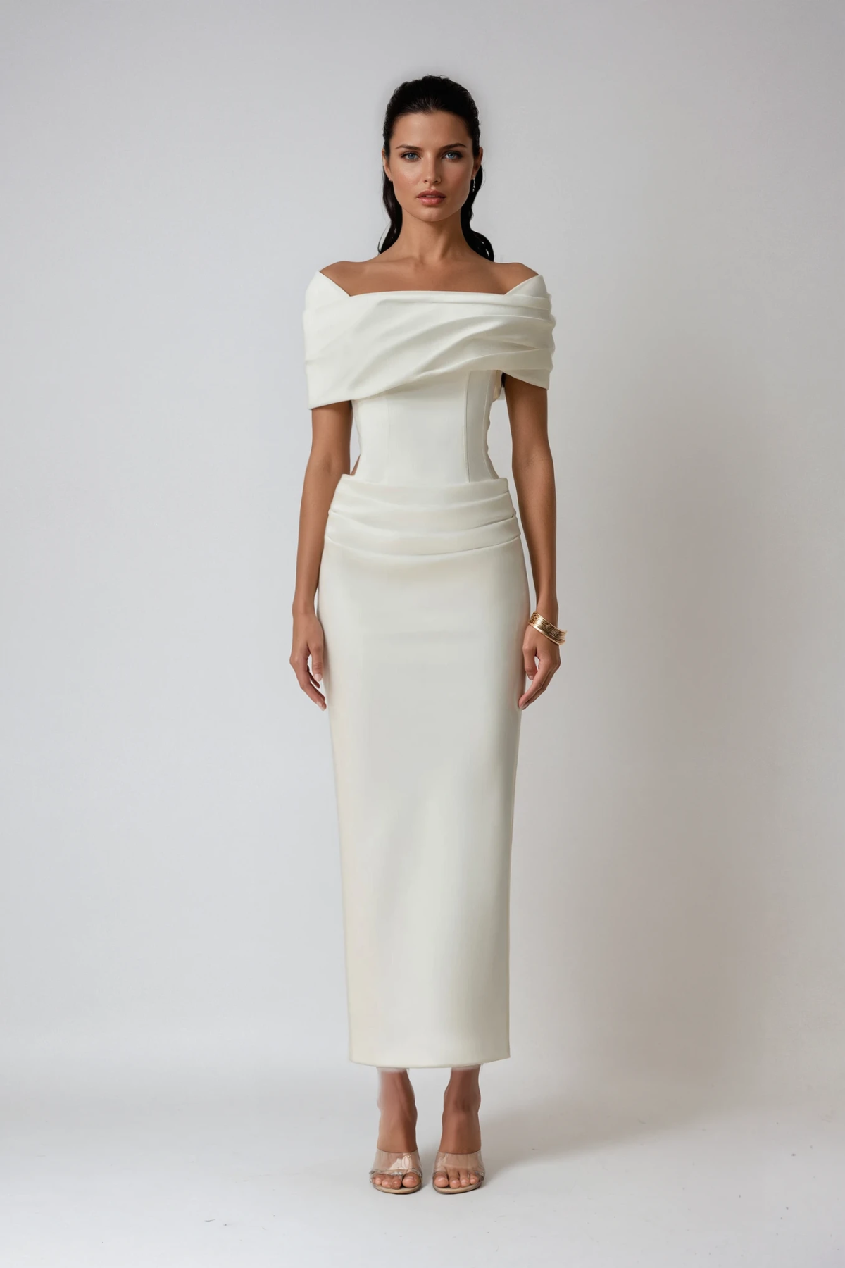 White off-shoulder ruched maxi dress, front view