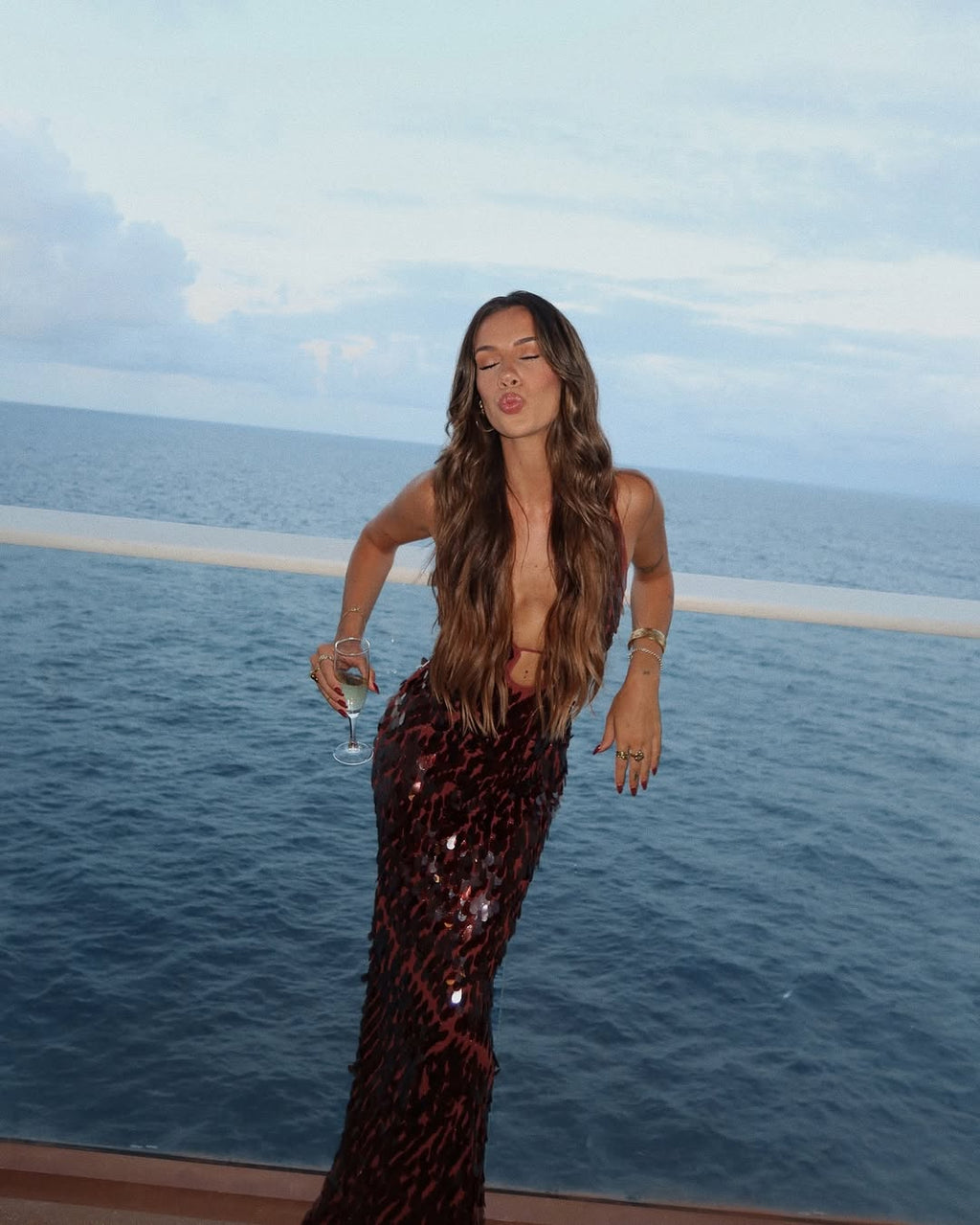 Brown sequin mermaid maxi dress, back view