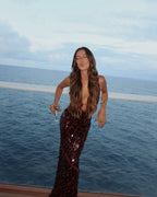Brown sequin mermaid maxi dress, back view
