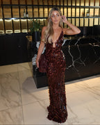 Brown sequin mermaid maxi dress, front view