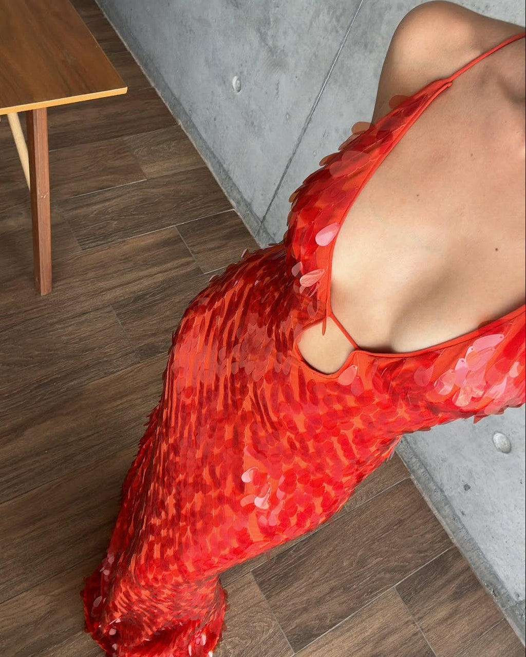 Red sequin mermaid maxi dress, lifestyle shot