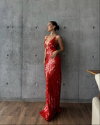 Red sequin mermaid maxi dress, side view