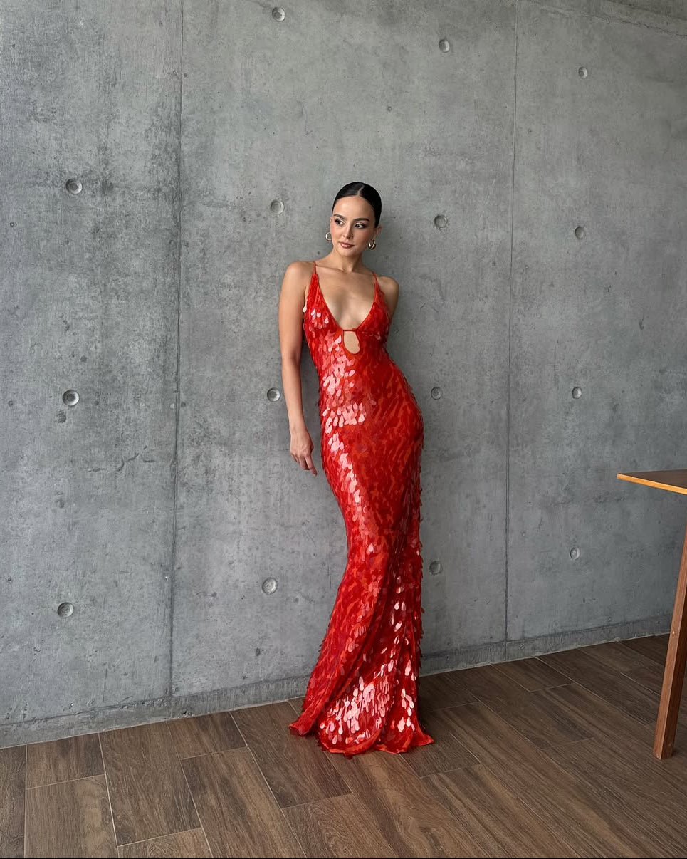Red sequin mermaid maxi dress, front view